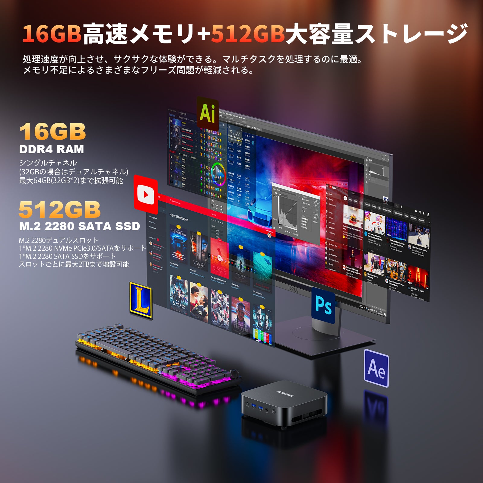 ACEMAGIC 2025年最新 ミニpc AMD R5 7430U【16GB DDR4  512SSD M.2 NVMe】 Windows11Pro対応 最大4.3GHz mini pc WiFi6 SSD容量拡大可能 小型pc 4K@60Hz 静音 高速熱放散 ミニパソコン 6C12T BT5.2